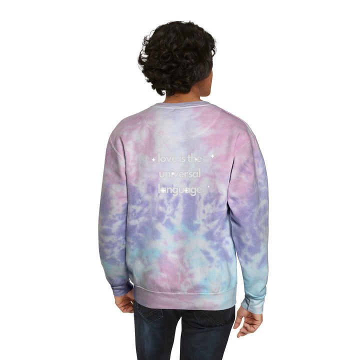 Back view of a man wearing a tie-dye sweatshirt that pairs comfort with a touch of creative wisdom.