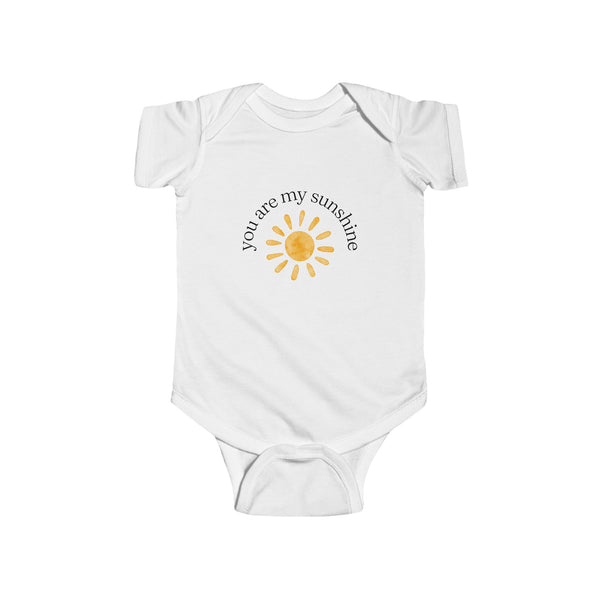 White Adorable 'You Are My Sunshine' printed infant bodysuit on a white background, in sizes newborn to 12 months, perfect for cheerful cuddles