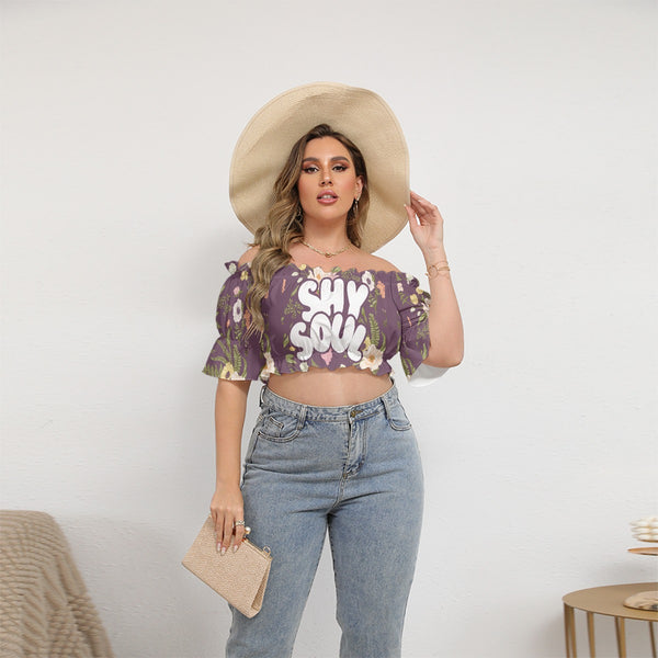 All-Over Print Women's Off-shoulder Cropped Top With Short Puff Sleeve