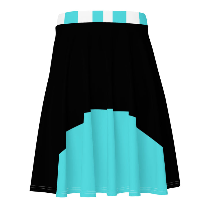 Close-up of the vibrant turquoise waistband accent on a stylish black skater skirt. This versatile skirt is perfect for adding a pop of color to any outfit. 