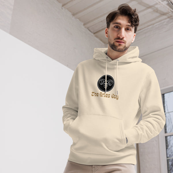 Aries Guy Eco-Friendly Hoodie in Desert Dust color with a double-layered hood and front pouch pocket made from 100% organic cotton