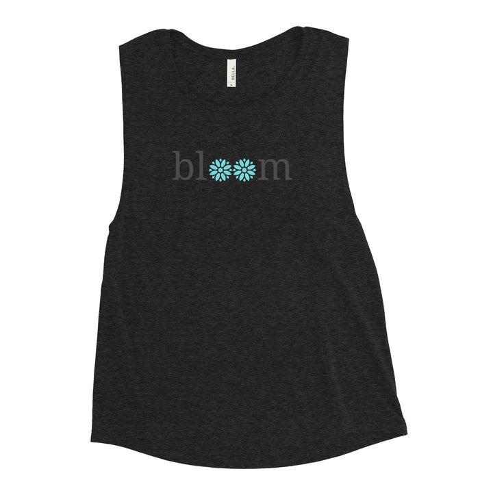 Heather Black muscle tank with 'bloom' detail, blending fashion and function for the active tattooed woman.