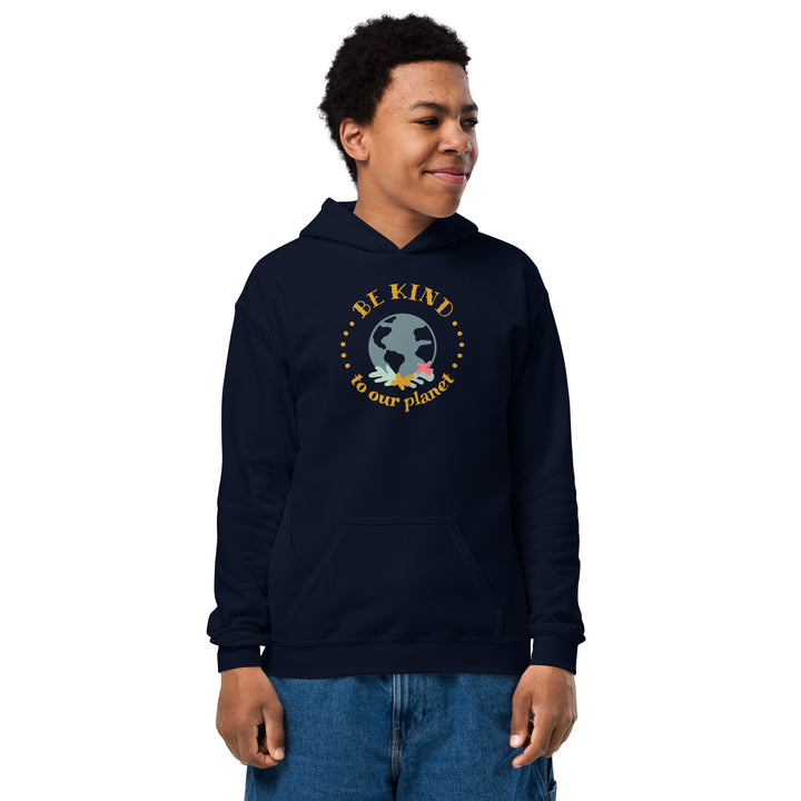 Close-up of the Navy kids' hoodie with a 'Be Kind to our planet' emblem, exemplifying the product's soft feel and durable fabric.