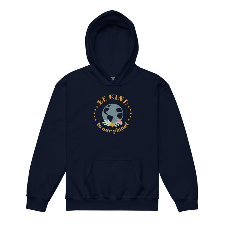 Close-up of the navy kids' hoodie with a 'Be Kind' emblem, exemplifying the product's soft feel and durable fabric.