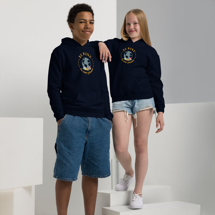 Sustainable youth hoodie in navy, highlighting the soft fleece and sturdy double-needle stitching detail.