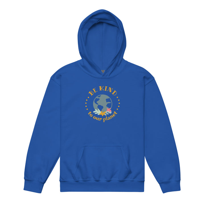 Close-up of the royal blue kids' hoodie with a 'Be Kind' emblem, exemplifying the product's soft feel and durable fabric.